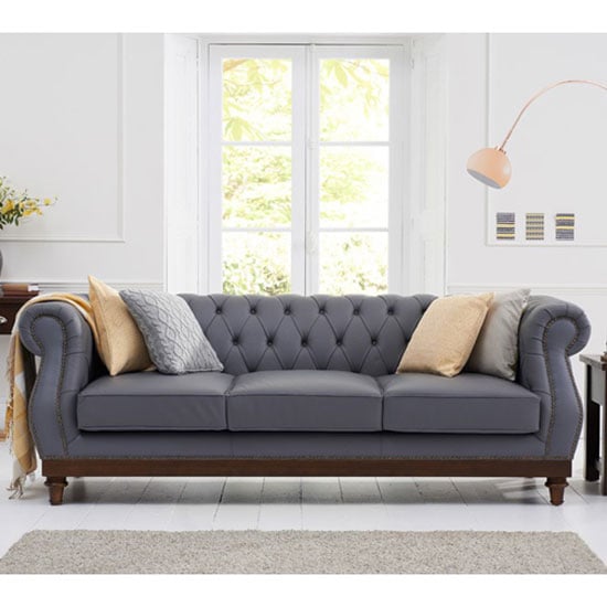 Ruskin Chesterfield Leather 3 Seater Sofa In Grey