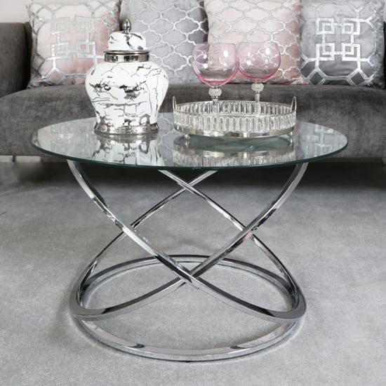 Photo of Ruston clear glass coffee table with shiny chrome metal base