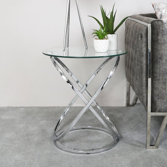 Product photograph of Ruston Clear Glass End Table With Shiny Chrome Metal Base from Furniture in Fashion