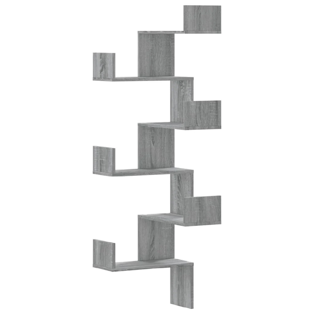 Ruston Wooden Corner Wall Shelf With 6 Shelves In Grey Sonoma