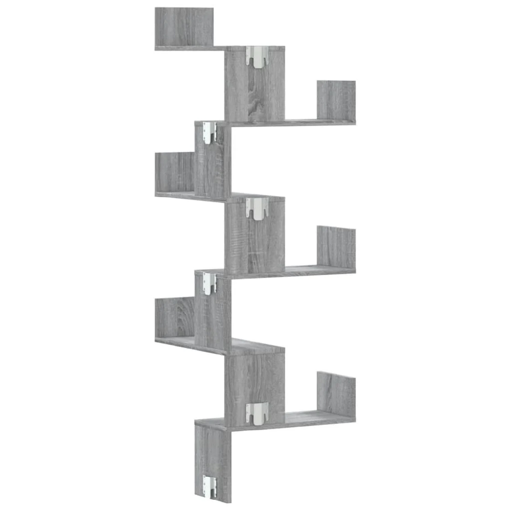 Ruston Wooden Corner Wall Shelf With 6 Shelves In Grey Sonoma