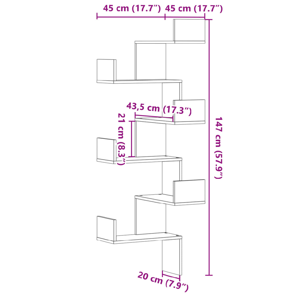 Ruston Wooden Corner Wall Shelf With 6 Shelves In Oak