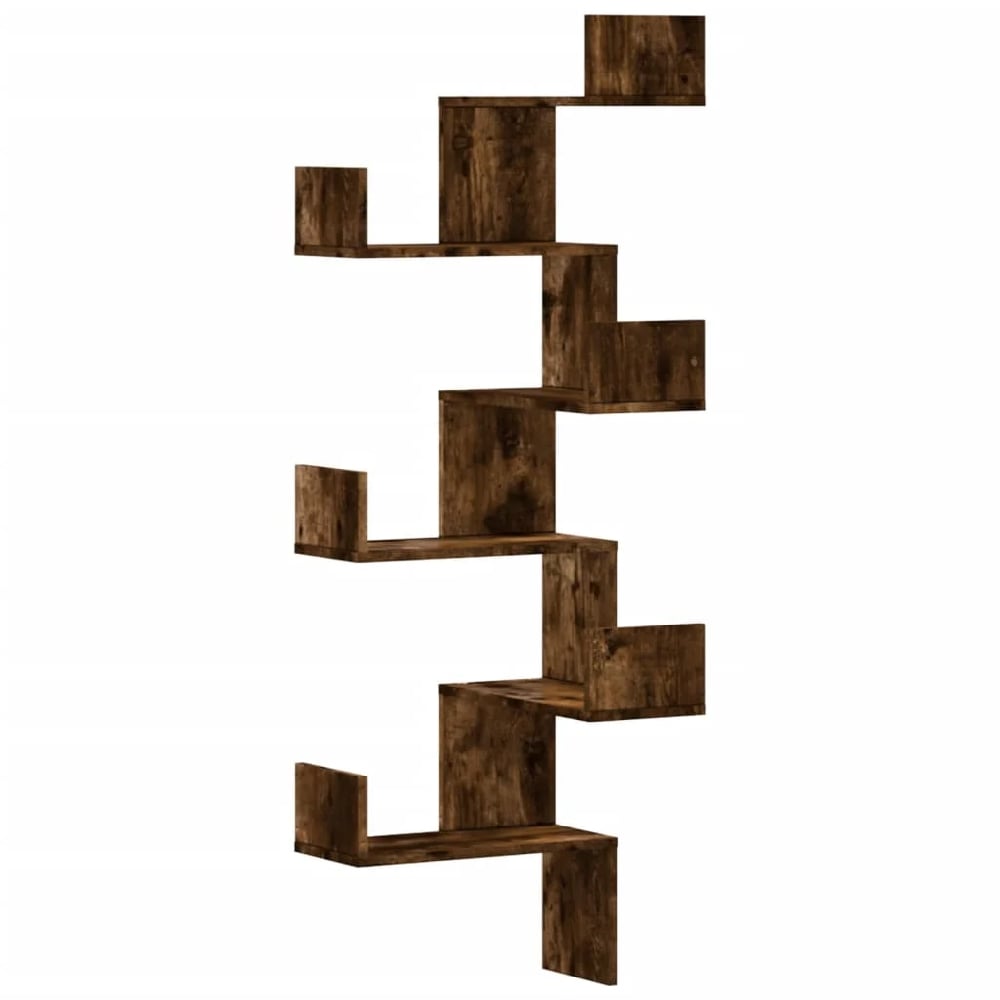 Ruston Wooden Corner Wall Shelf With 6 Shelves In Smoked Oak