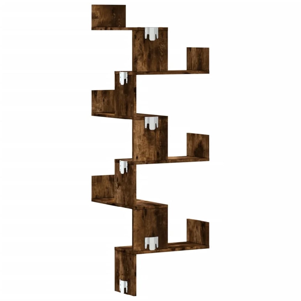 Ruston Wooden Corner Wall Shelf With 6 Shelves In Smoked Oak