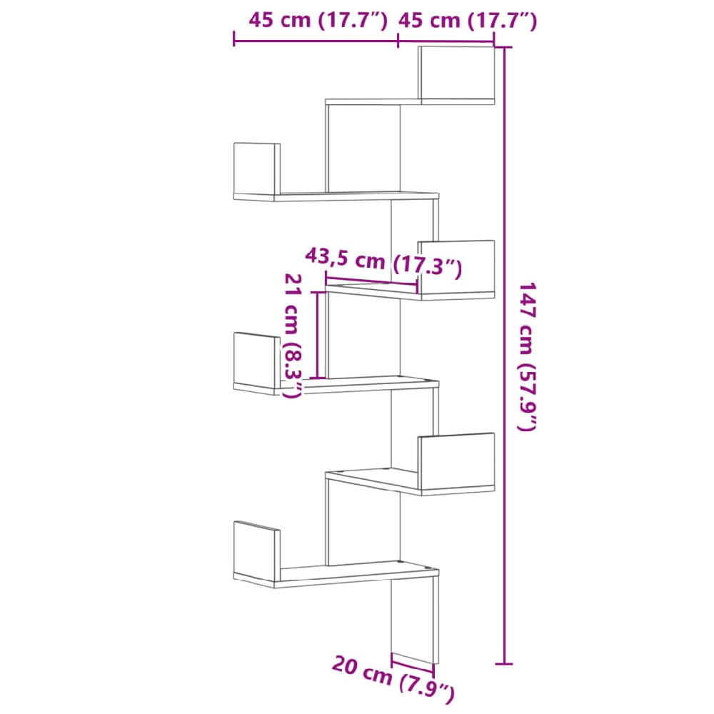 Ruston Wooden Corner Wall Shelf With 6 Shelves In Smoked Oak