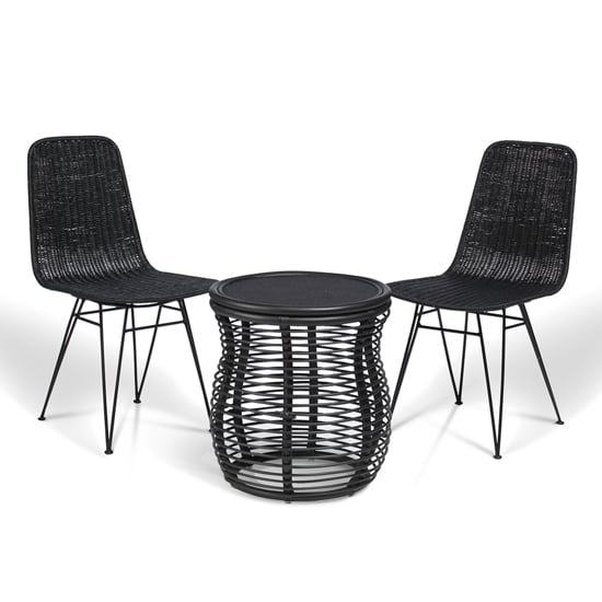 Read more about Rybnik rattan bistro set in black with 2 puqi black dining chairs