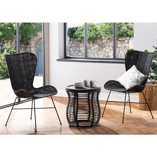 Read more about Rybnik rattan bistro set in black with 2 puqi black wing chairs