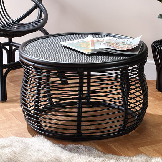 Photo of Rybnik round wicker top rattan coffee table in black
