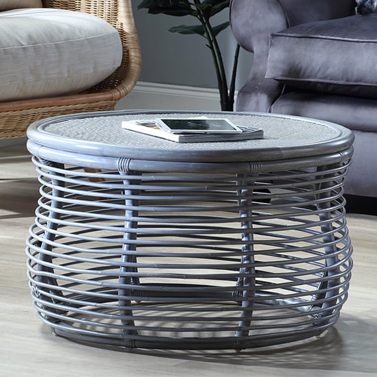 Photo of Rybnik round wicker top rattan coffee table in grey