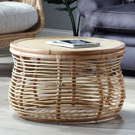 Photo of Rybnik round wicker top rattan coffee table in natural