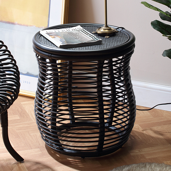 Photo of Rybnik round wicker top rattan lamp table in black