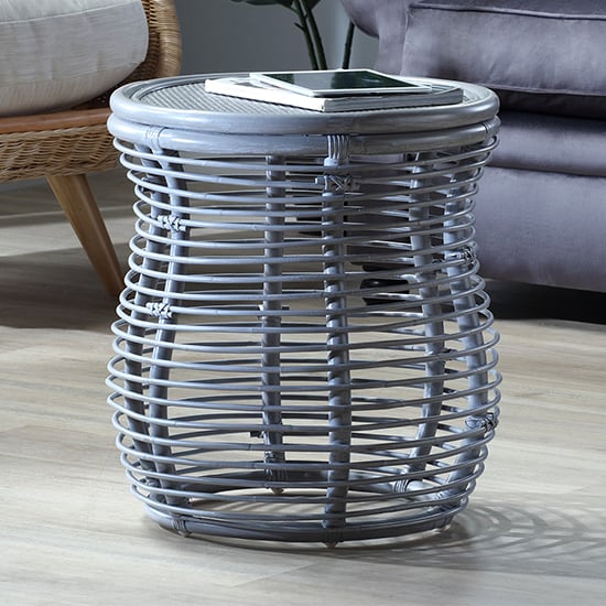 Rybnik Round Wicker Top Rattan Lamp Table In Grey