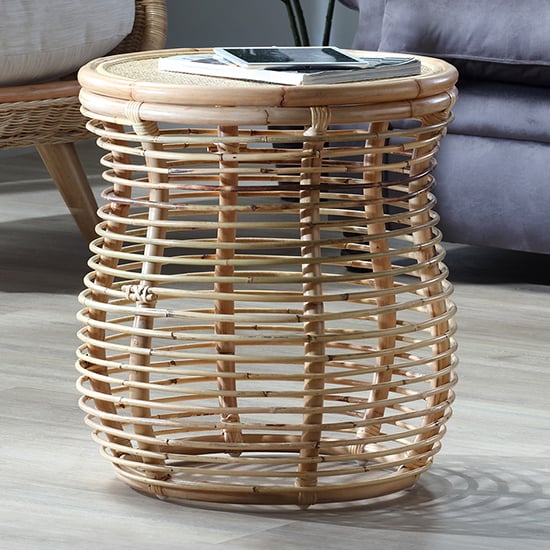 Product photograph of Rybnik Round Wicker Top Rattan Lamp Table In Natural from Furniture in Fashion