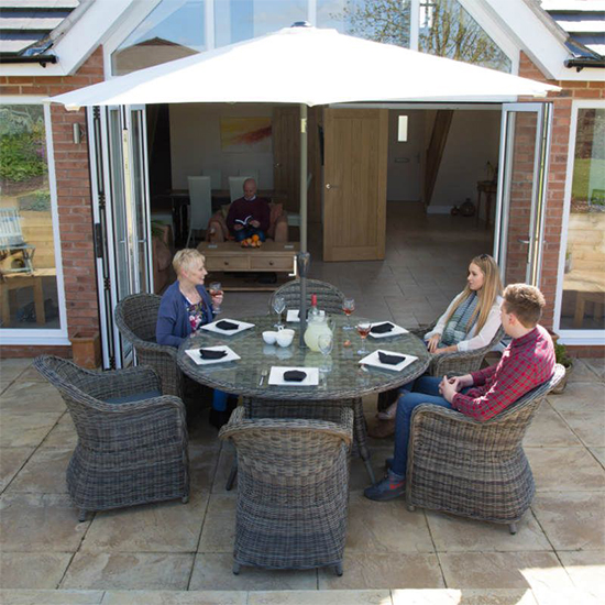 Ryker Outdoor Rattan Dining Table With 6 Armchairs In Brown Grey