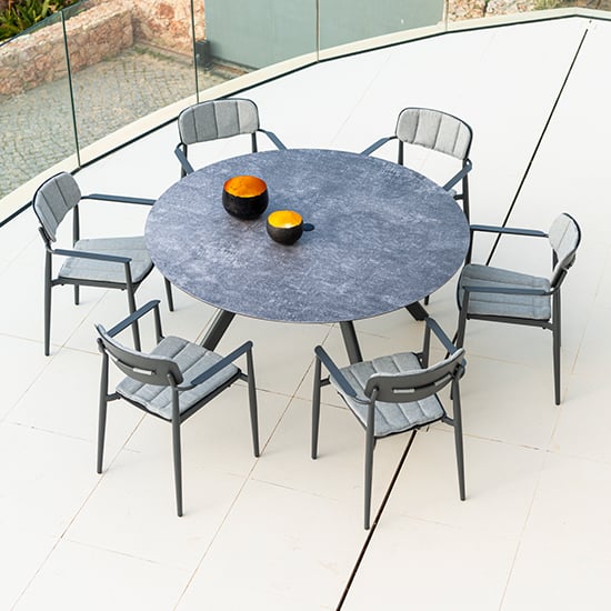 Product photograph of Rykon Grey Ceramic Effect Glass Dining Table With 6 Armchairs from Furniture in Fashion