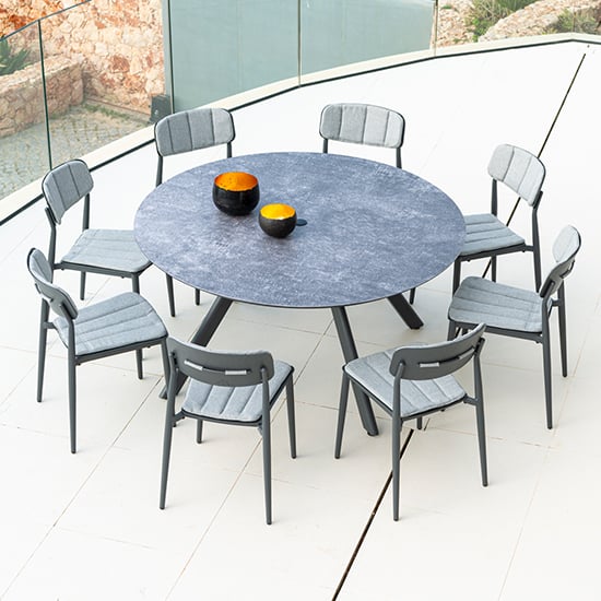 Product photograph of Rykon Grey Ceramic Effect Glass Dining Table With 8 Armchairs from Furniture in Fashion