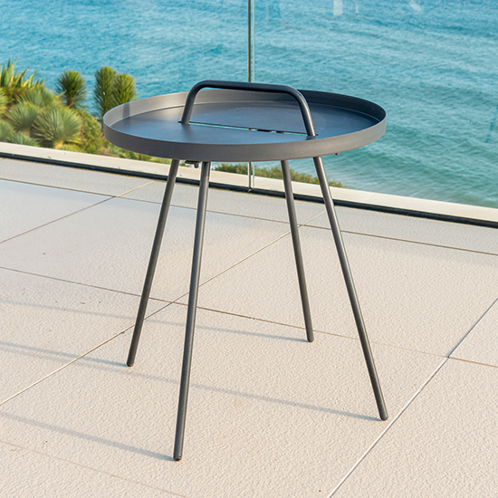 Photo of Rykon outdoor round metal tray side table in matt grey