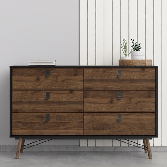 Photo of Rynok wide chest of drawers in matt black walnut with 6 drawers