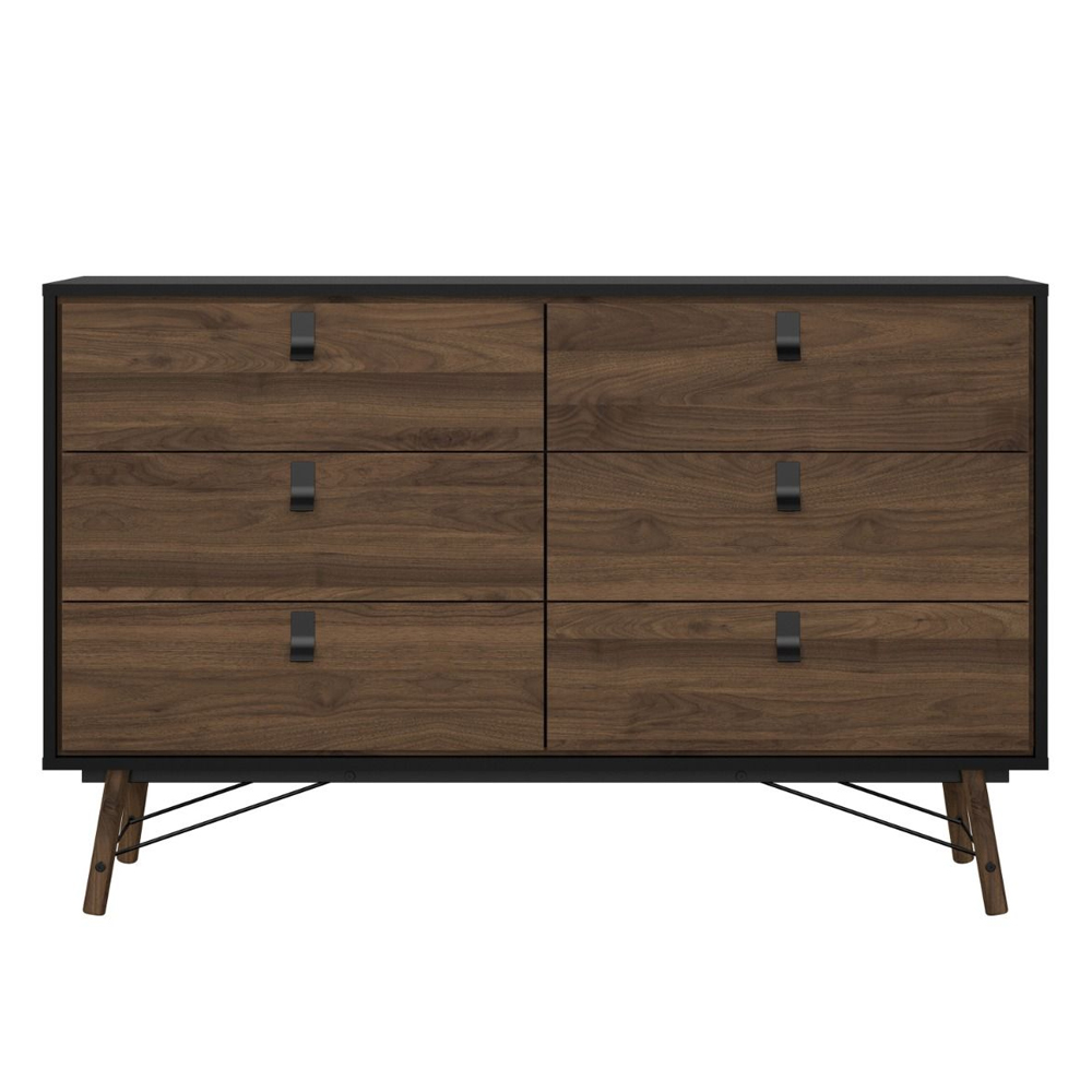 Rynok Wide Wooden Chest Of 6 Drawers In Matt Black and Walnut