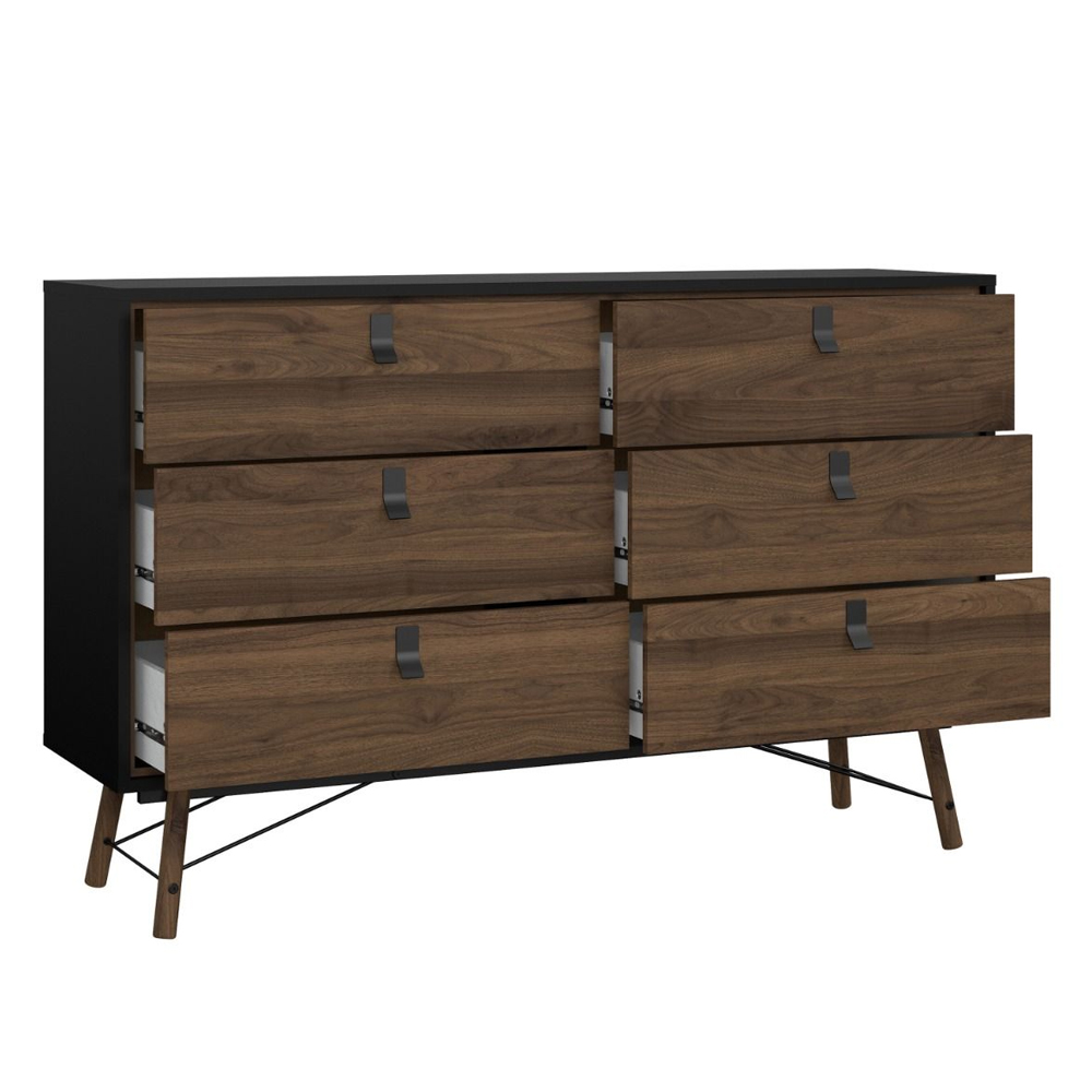 Rynok Wide Wooden Chest Of 6 Drawers In Matt Black and Walnut
