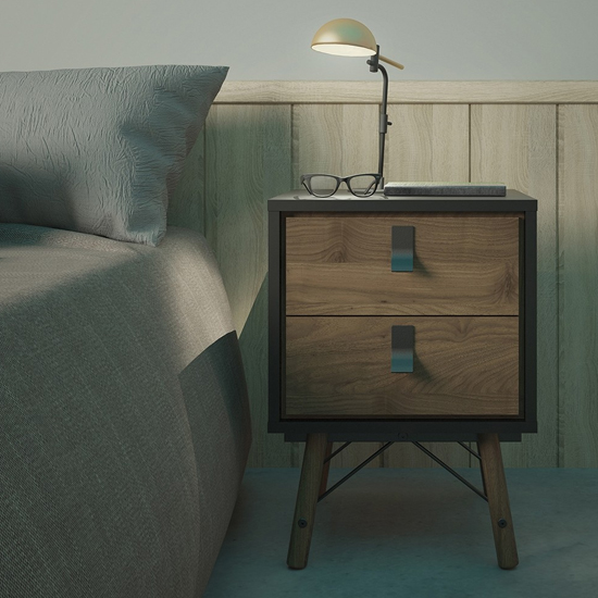 Rynok Wooden Bedside Cabinet In Matt Black Walnut With 2 Drawers