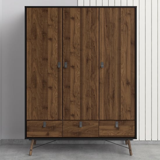 Product photograph of Rynok Wooden Triple Door Wardrobe In Matt Black Walnut from Furniture in Fashion
