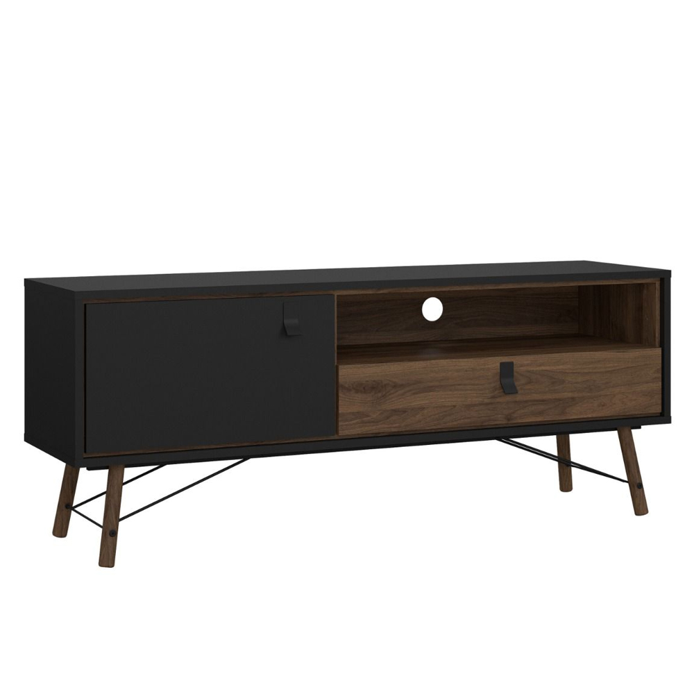 Rynok Wooden TV Stand With 1 Door 1 Drawer In Matt Black and Walnut