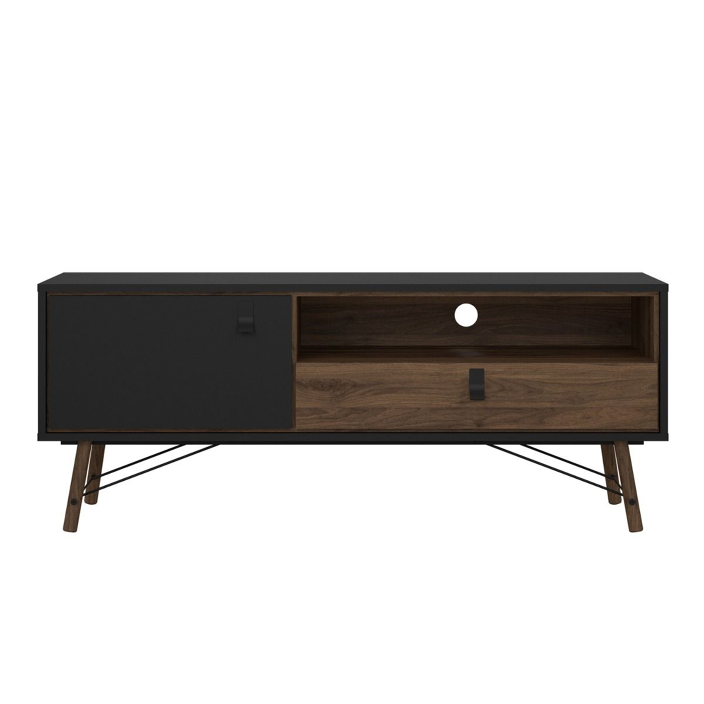 Rynok Wooden TV Stand With 1 Door 1 Drawer In Matt Black and Walnut