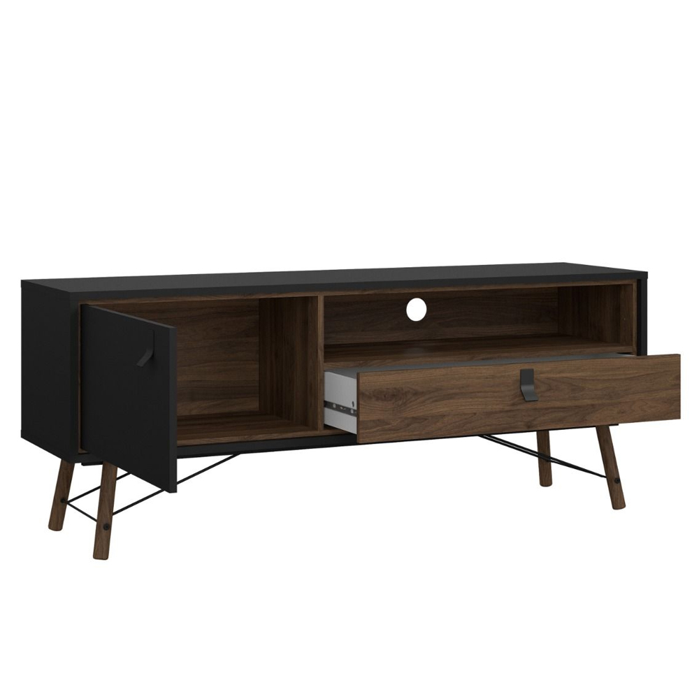 Rynok Wooden TV Stand With 1 Door 1 Drawer In Matt Black and Walnut