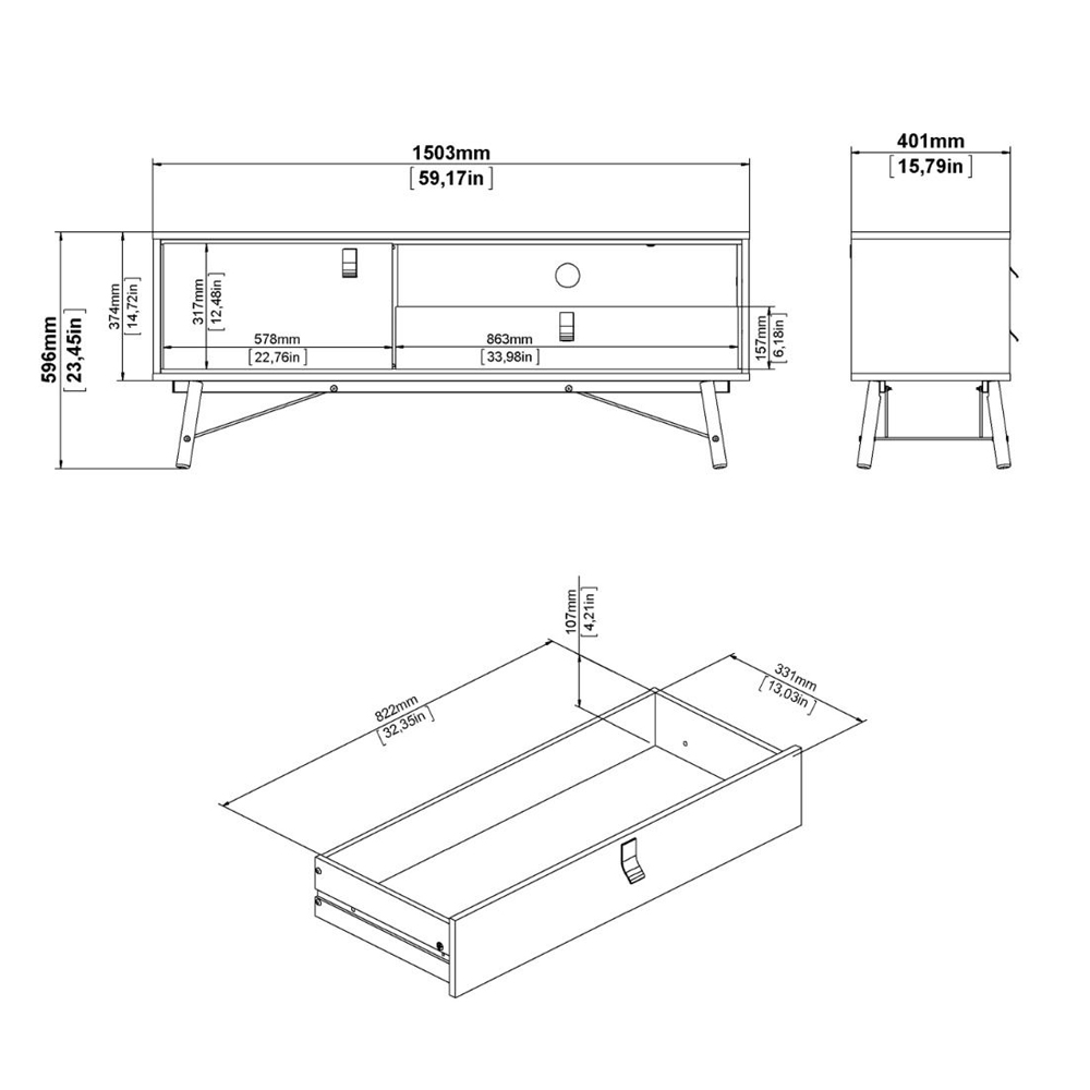 Rynok Wooden TV Stand With 1 Door 1 Drawer In Matt Black and Walnut