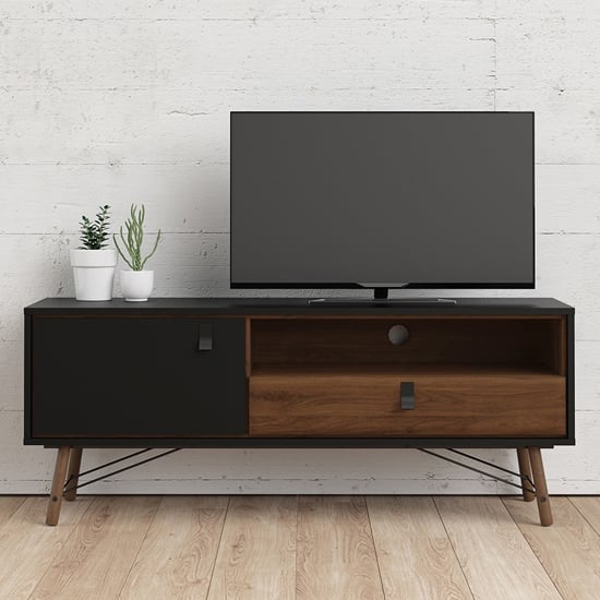 Photo of Rynok wooden tv stand in matt black walnut with 1 door 1 drawer
