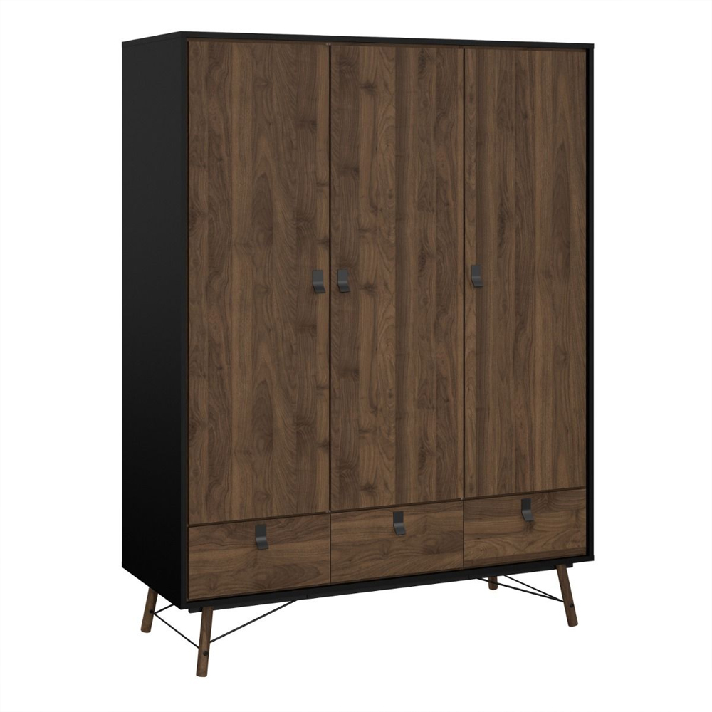 Rynok Wooden Wardrobe with 3 Doors In Matt Black and Walnut