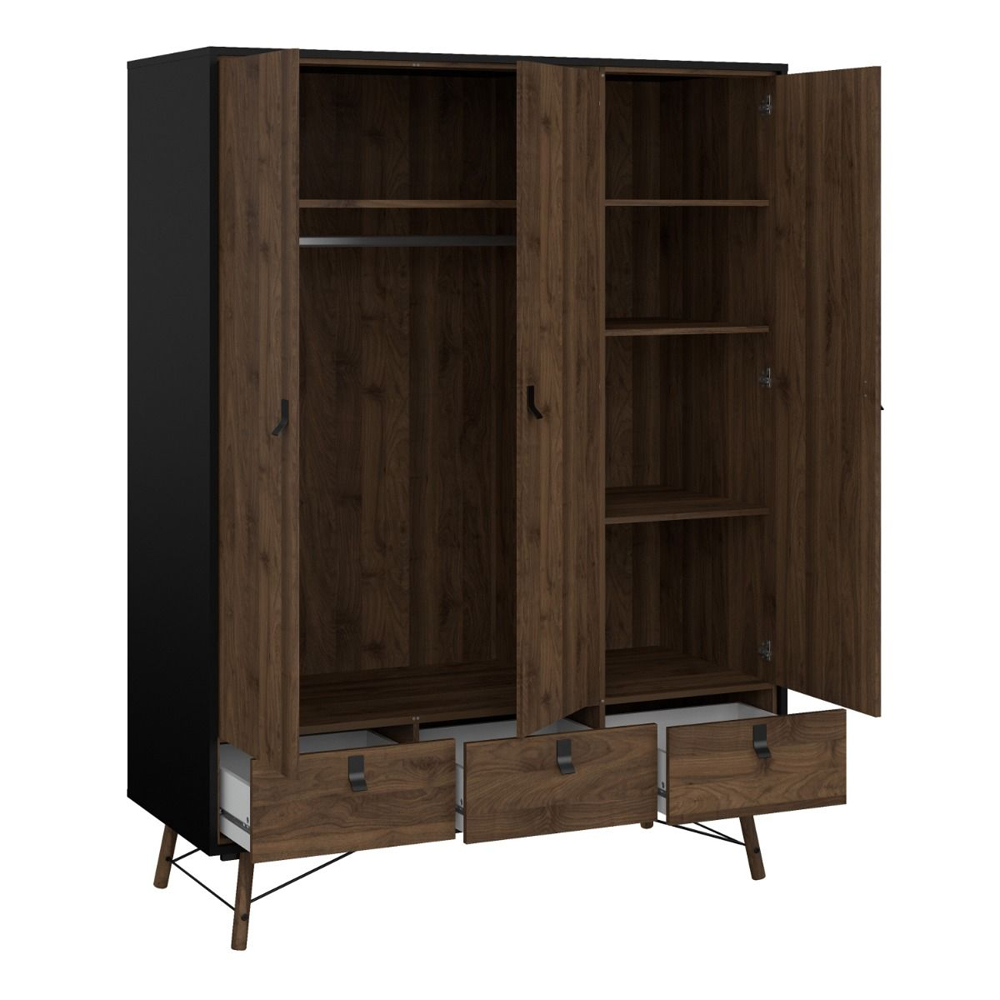 Rynok Wooden Wardrobe with 3 Doors In Matt Black and Walnut