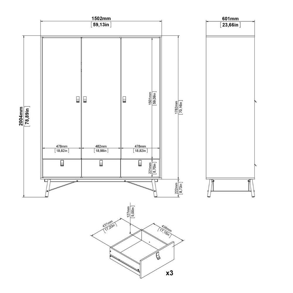 Rynok Wooden Wardrobe with 3 Doors In Matt Black and Walnut