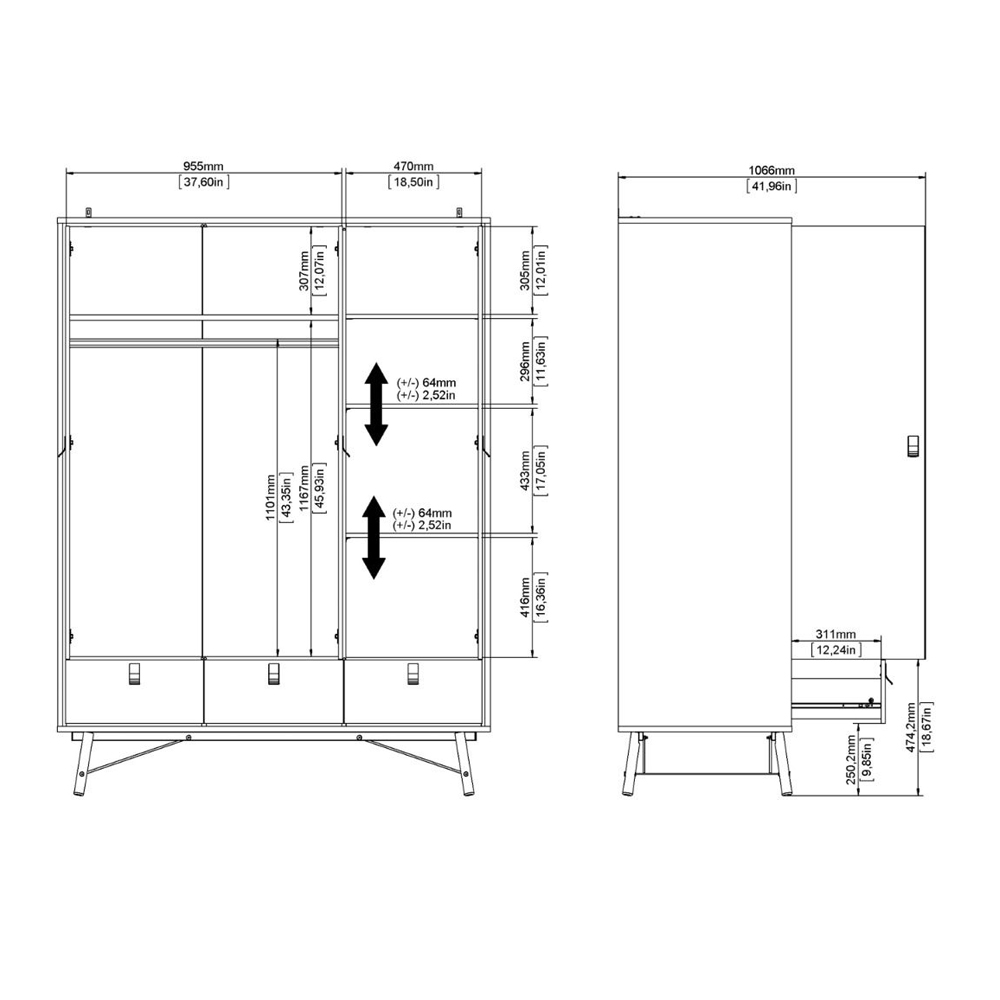 Rynok Wooden Wardrobe with 3 Doors In Matt Black and Walnut