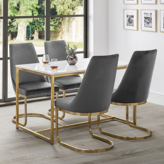Sable Wooden Dining Table In White Marble Effect With Gold Legs
