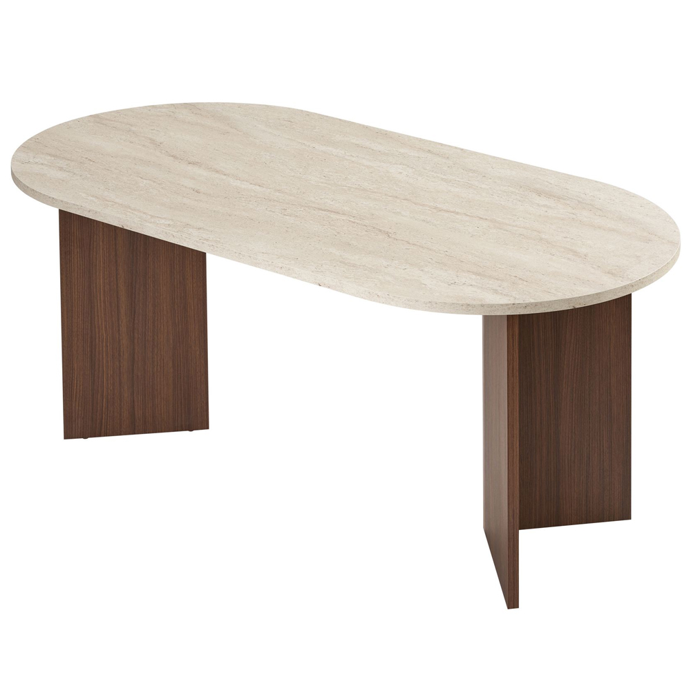 Sablio Oval Wooden Dining Table in Travertine Marble Effect and Walnut