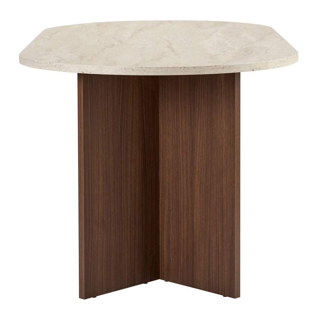 Sablio Oval Wooden Dining Table in Travertine Marble Effect and Walnut
