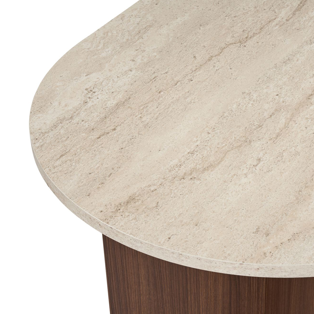 Sablio Oval Wooden Dining Table in Travertine Marble Effect and Walnut