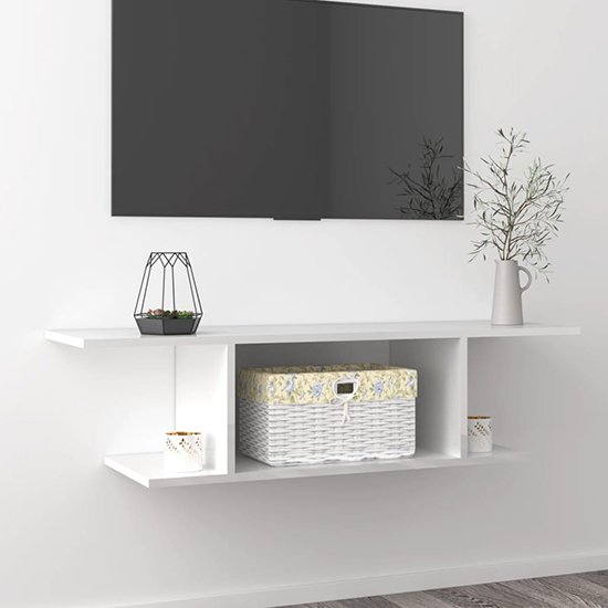 Sabra High Gloss Wall Hung TV Stand With Shelf In White