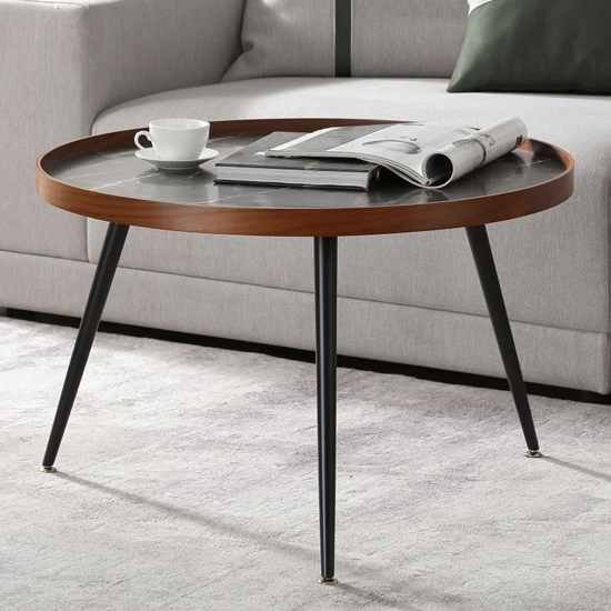 Sabri Wooden Coffee Table Round In Black Marble Effect Furniture in