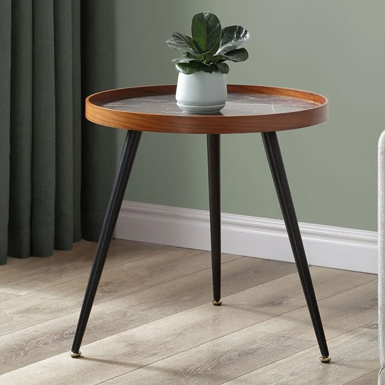 Sabri Wooden Lamp Table Round In Black Marble Effect Furniture in Fashion