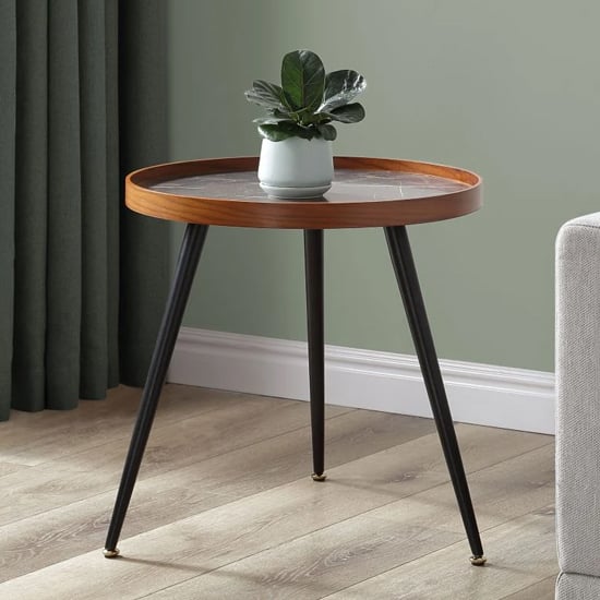 Product photograph of Sabri Wooden Lamp Table Round In Black Marble Effect from Furniture in Fashion