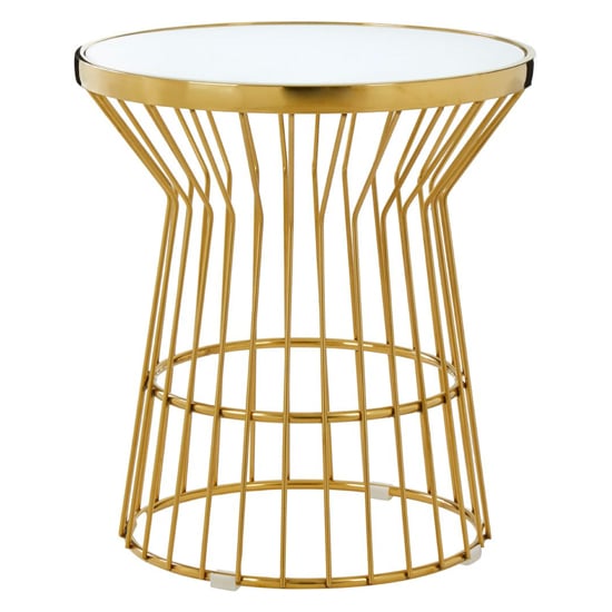 Photo of Saclateni round white glass top side table with gold base