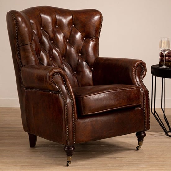 Photo of Sadalmelik upholstered leather scroll armchair in brown