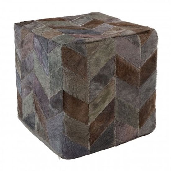 Safire Leather Patchwork Pouffe In Light Grey