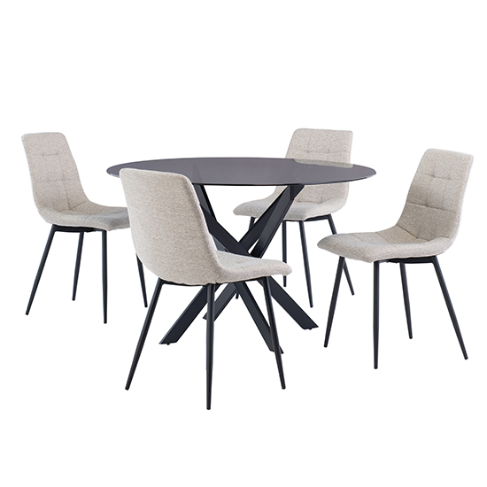 Saga Black Glass Dining Table With 4 Ebele Linen Chairs