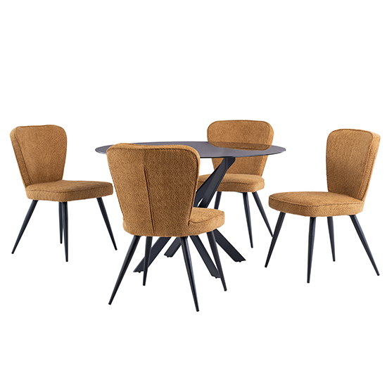 Saga Black Glass Dining Table With 4 Finn Mustard Chairs