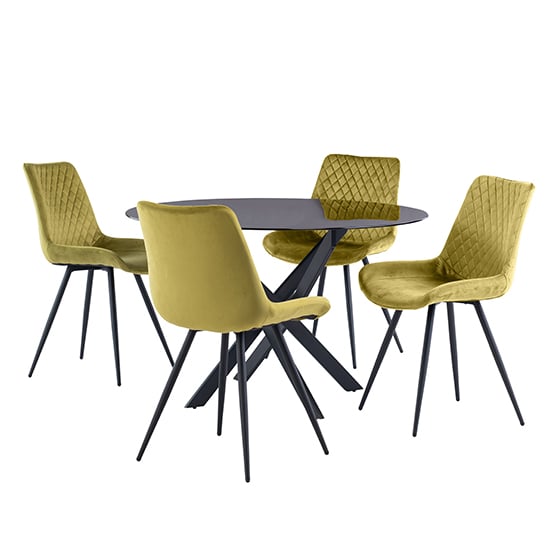 Product photograph of Saga Black Glass Dining Table With 4 Maija Olive Chairs from Furniture in Fashion