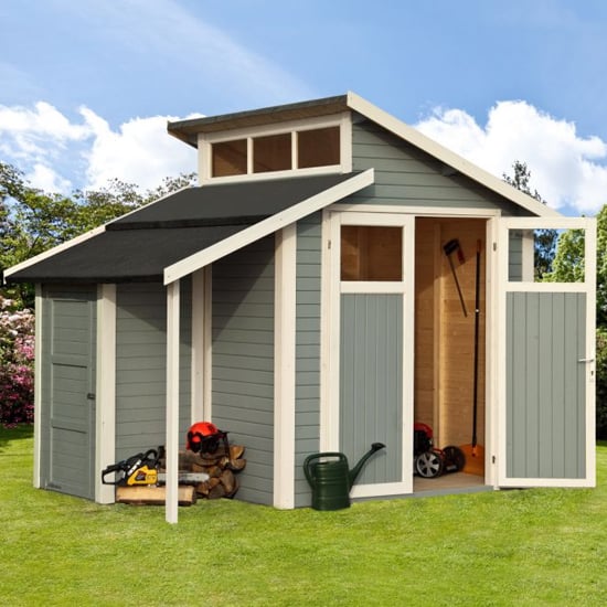 Read more about Saham wooden 7x10 shed with store in painted light grey